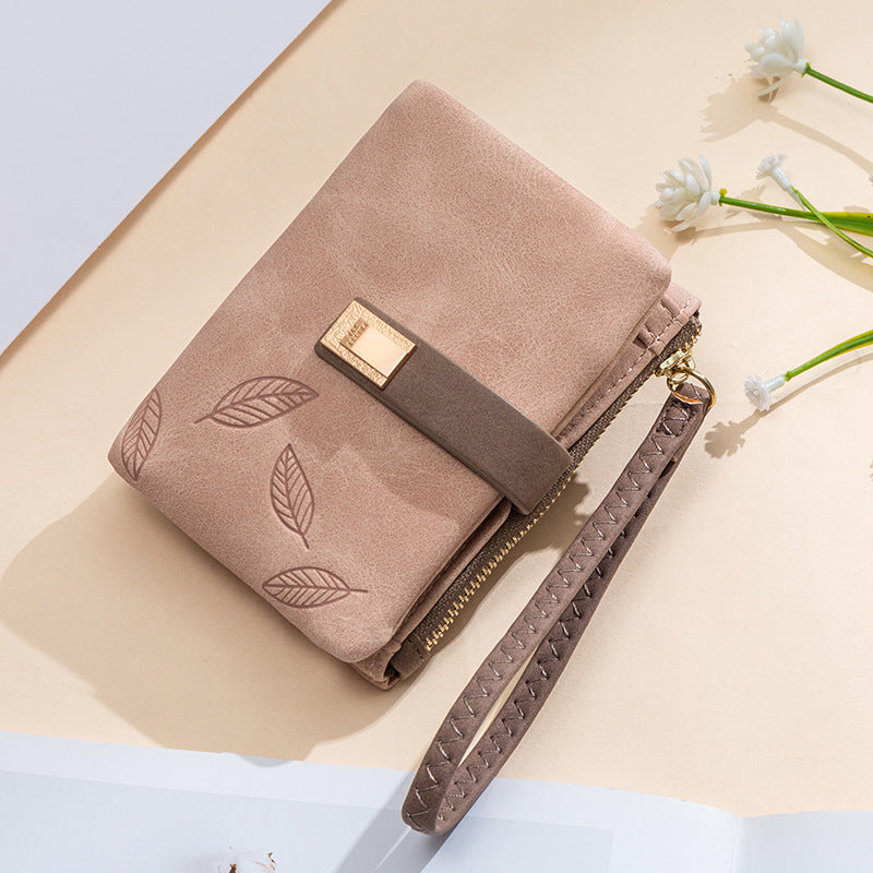Wholesale Short Matte Leaf Buckle Vertical Zipper PU Wallet